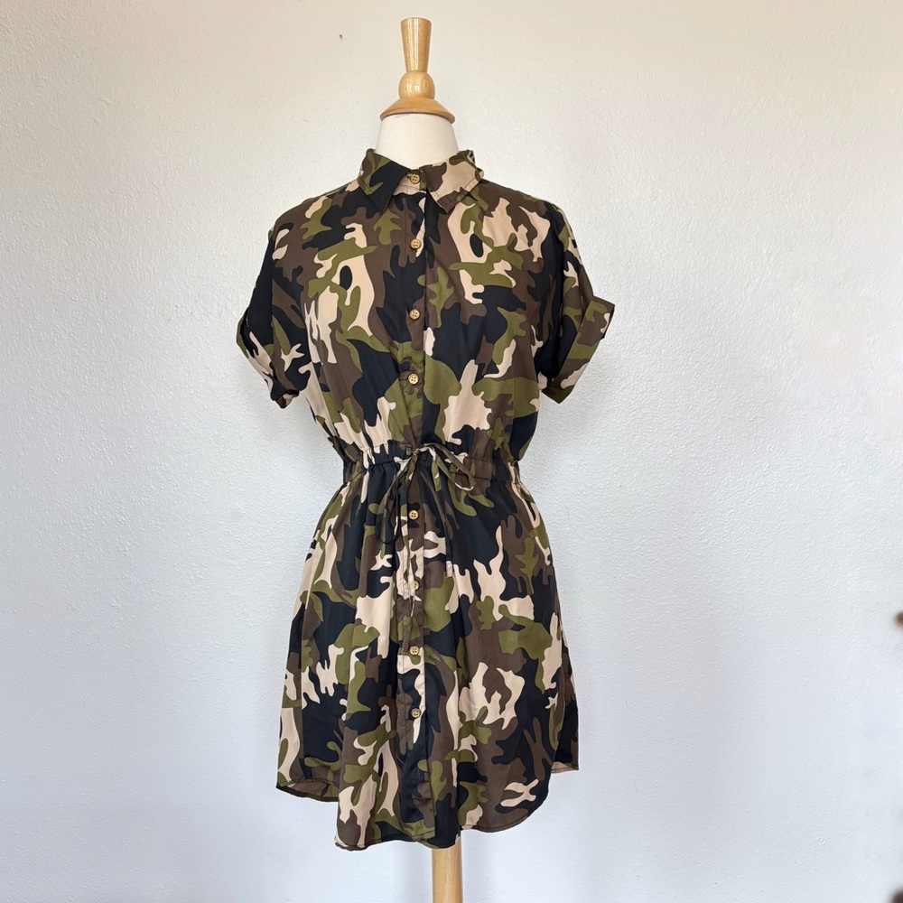 Camouflage Button-Up Short Sleeve Shirt Dress